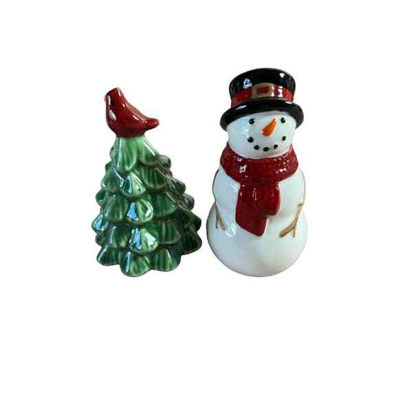 St. Nicholas Square Christmas Snowman & Pine Tree Salt & Pepper Shaker Set READ - Picture 2 of 7